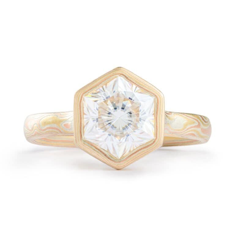 Elegant Ring Set with Hexagon Diamond in Woodgrain Pattern and Fire Palette - Image 2