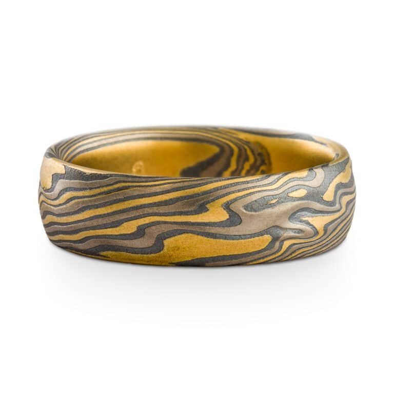 Mokume Gane Kazaru Rings or Wedding Band Set in Twist Pattern and Flare Palette