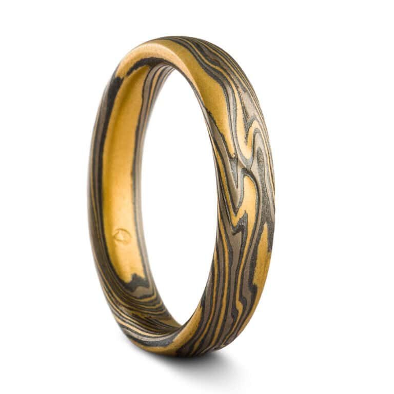 Mokume Gane Kazaru Rings or Wedding Band Set in Twist Pattern and Flare Palette