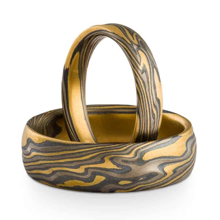 Mokume Gane Kazaru Rings or Wedding Band Set in Twist Pattern and Flare Palette