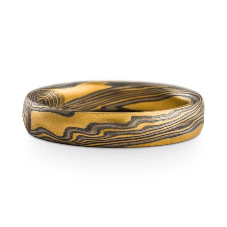 Mokume Gane Kazaru Rings or Wedding Band Set in Twist Pattern and Flare Palette