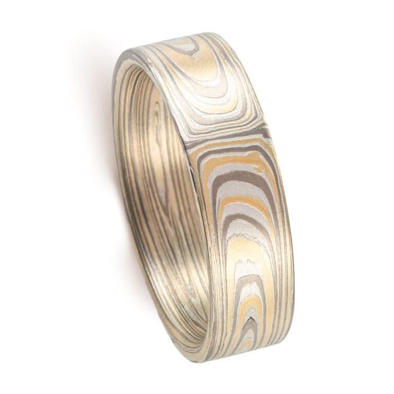 mokume gane arn krebs vortex pattern ring, flat profile, yellow gold palladium and silver