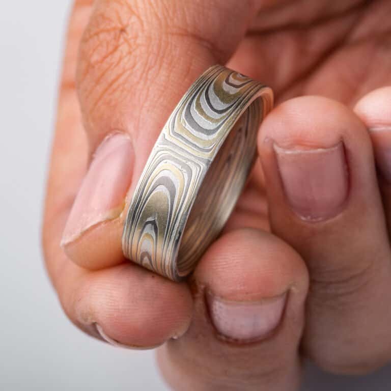 mokume gane arn krebs vortex pattern ring, flat profile, yellow gold palladium and silver