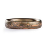 mokume gane woodgrain patterned, metals in the ring are red gold silver and palladium