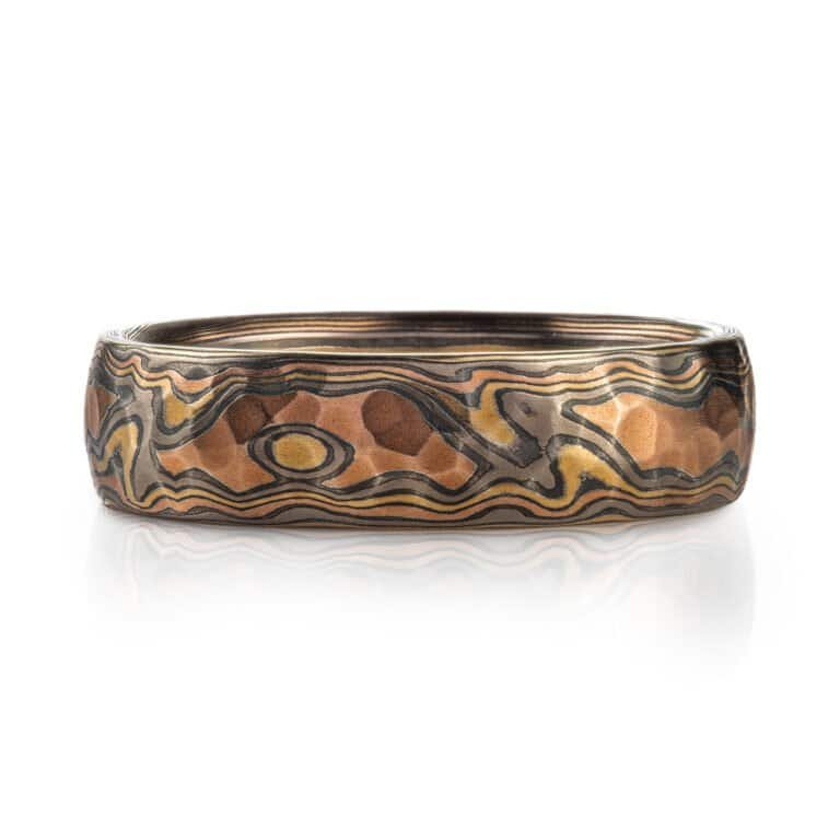 Mokume gane ring mens red gold, yellow gold, silver, palladium mokume gane ring with bespoke pattern. High art with hammered finish