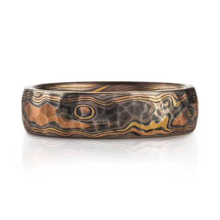 Mokume gane ring mens red gold, yellow gold, silver, palladium mokume gane ring with bespoke pattern. High art with hammered finish