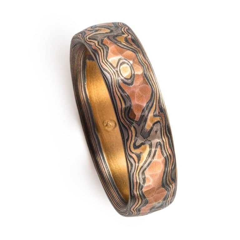 Mokume gane ring mens red gold, yellow gold, silver, palladium mokume gane ring with bespoke pattern. High art with hammered finish