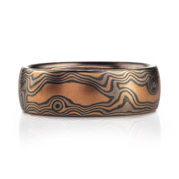 mokume gane ring woodgrain pattern, red gold palladium and oxidized silver