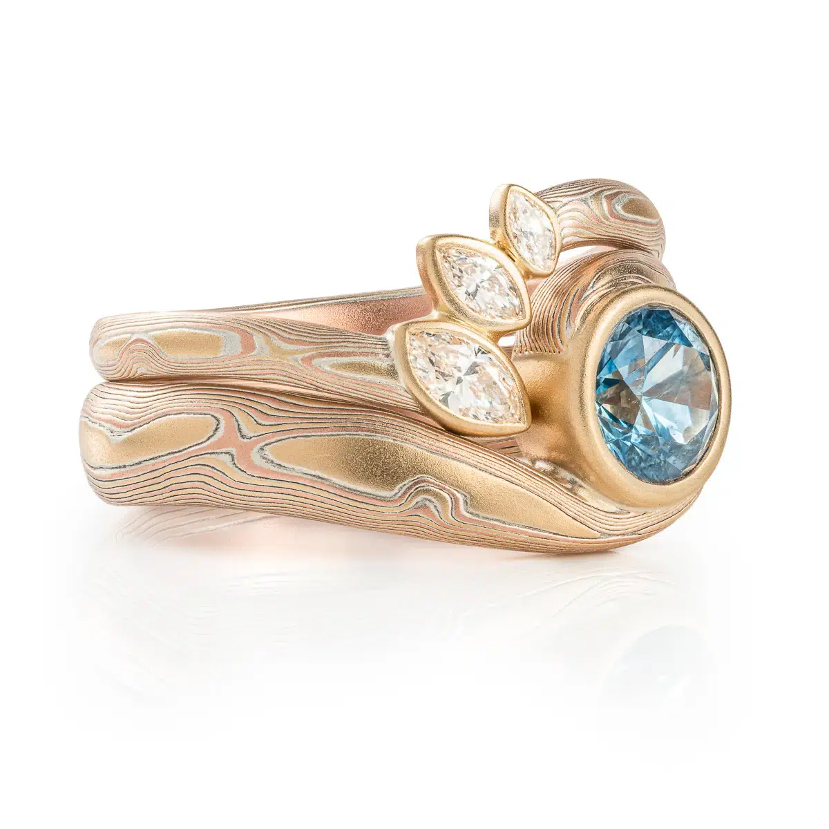 Botanic Mokume Gane Ring Set in Woodgrain Pattern with Sapphire and Diamonds