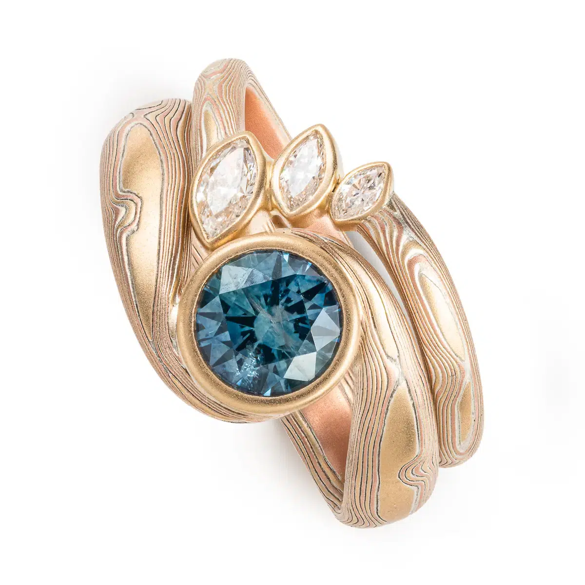 Botanic Mokume Gane Ring Set in Woodgrain Pattern with Sapphire and Diamonds