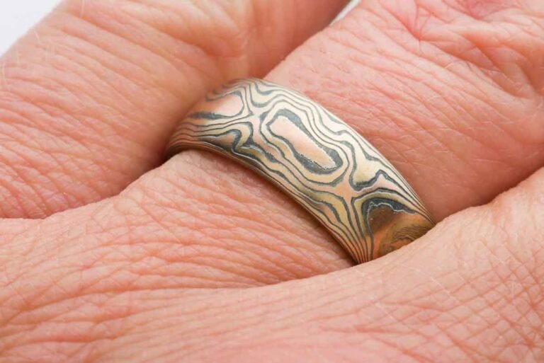 mokume gane wedding ring or band fire palette woodgrain pattern