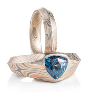 Unique mokume ring set, engagement with an alexandrite and band. 