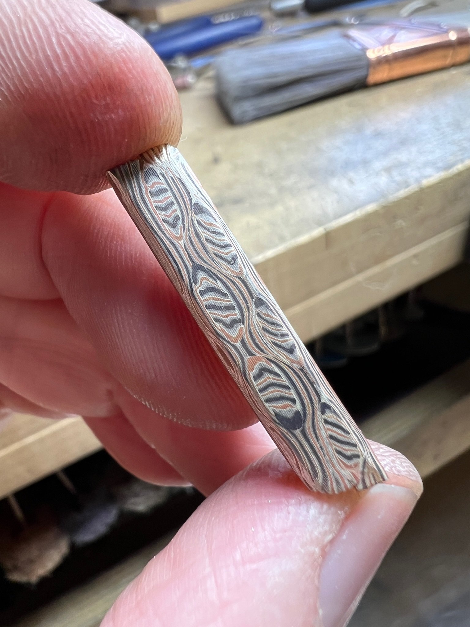 mokume stock after it has been fused pressed and reduced to the needed dimensions