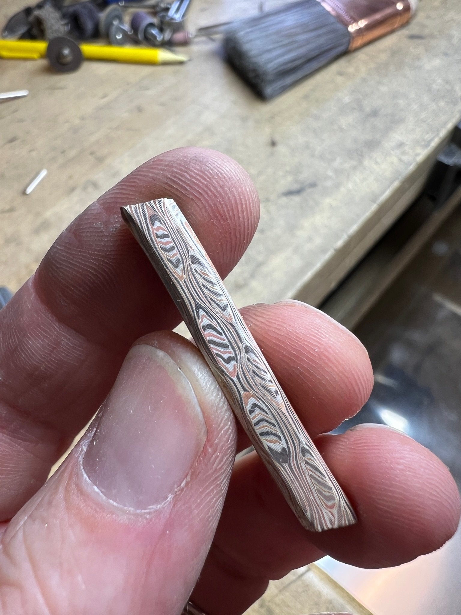mokume stock after it has been fused pressed and reduced to the needed dimensions