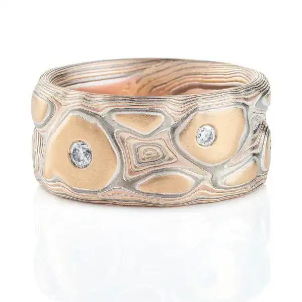 wide (10mm) band in textured style pattern made to resemble landforms like rolling hills and mountain ranges