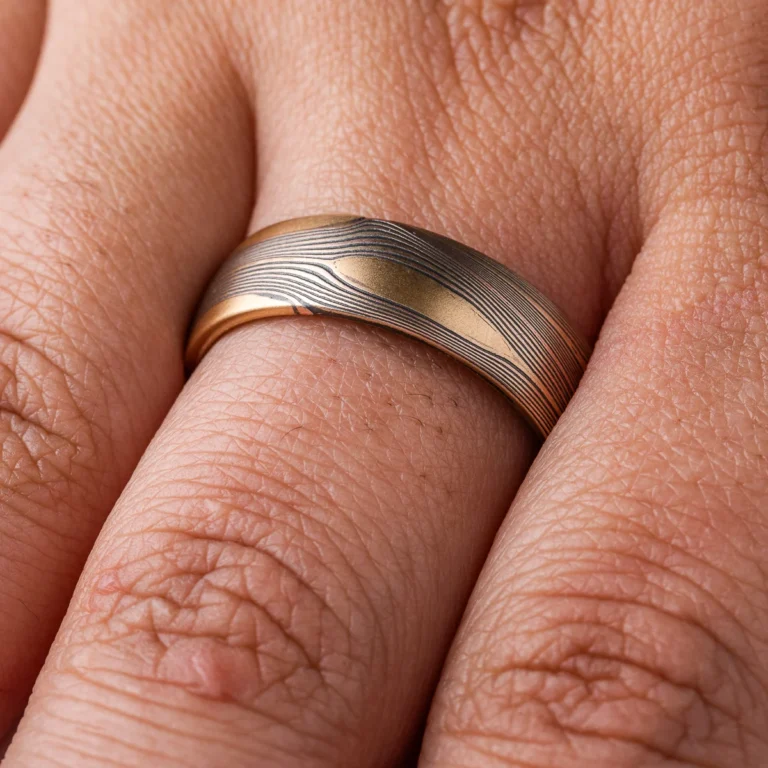 Rustic Wedding Band in Mokume Flow Pattern - Image 4