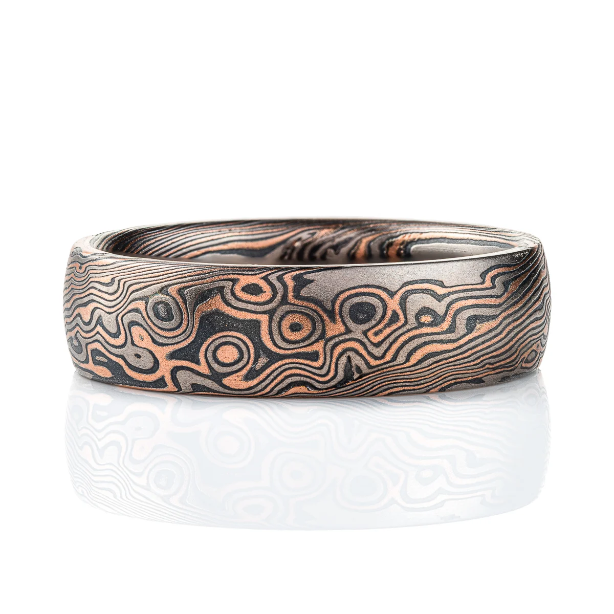 Dark palette mokume gane patterned ring, made in combination pattern with twisted and droplet style elements. Shown here in a combination of red gold, palladium and oxidized silver