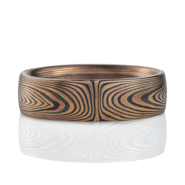 Graphic feeling mokume gane patterned band, made in Arn Krebs Vortex pattern, linear design that is mirrored at the center.