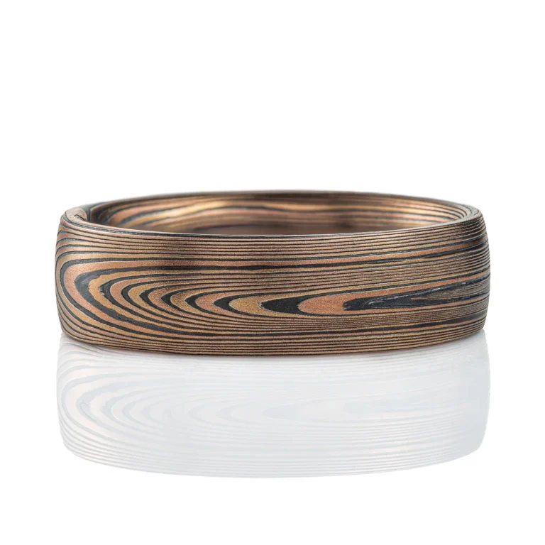 Graphic feeling mokume gane patterned band, made in Arn Krebs Vortex pattern, linear design that is mirrored at the center.