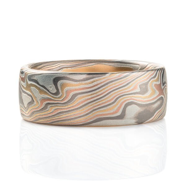 Two mokume gane rings, made in matching pattern and color combinations, with the same widths and similar ring sizes. Both rings made with red gold, yellow gold, palladium and silver.