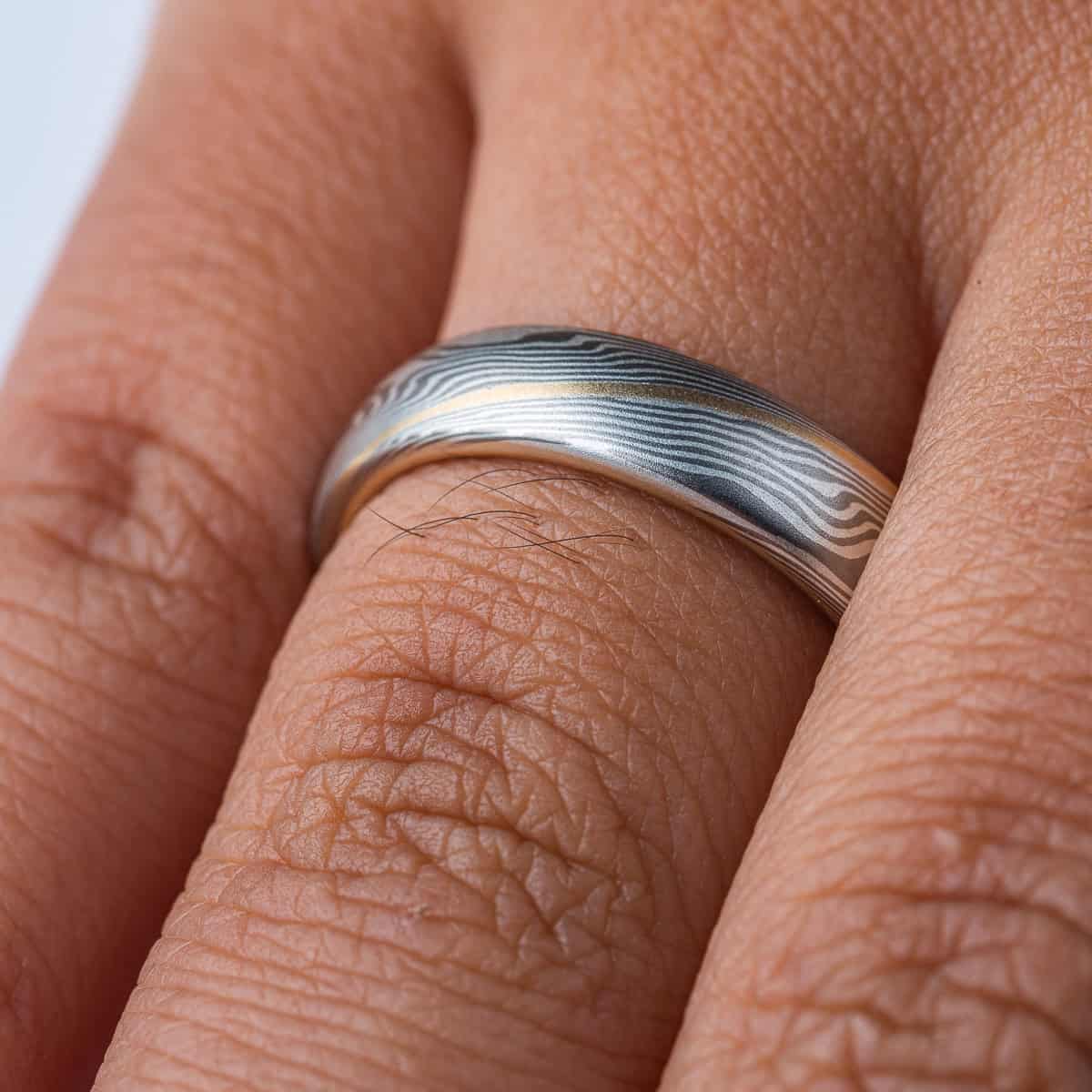 Silvery Mokume Gane Ring Set with Gold Accents - Image 3