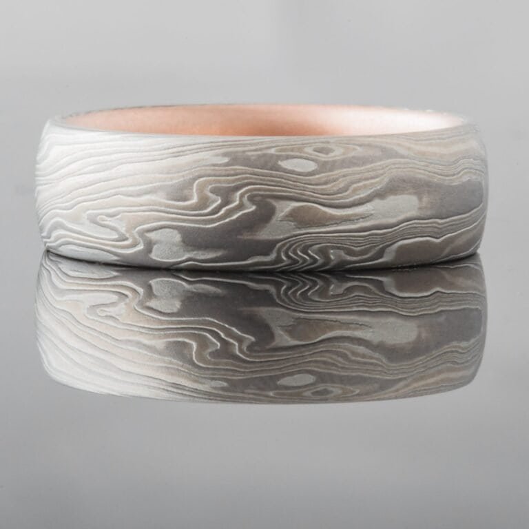 River Mokume Gane Ring with Etched Finish and added Red Gold Liner